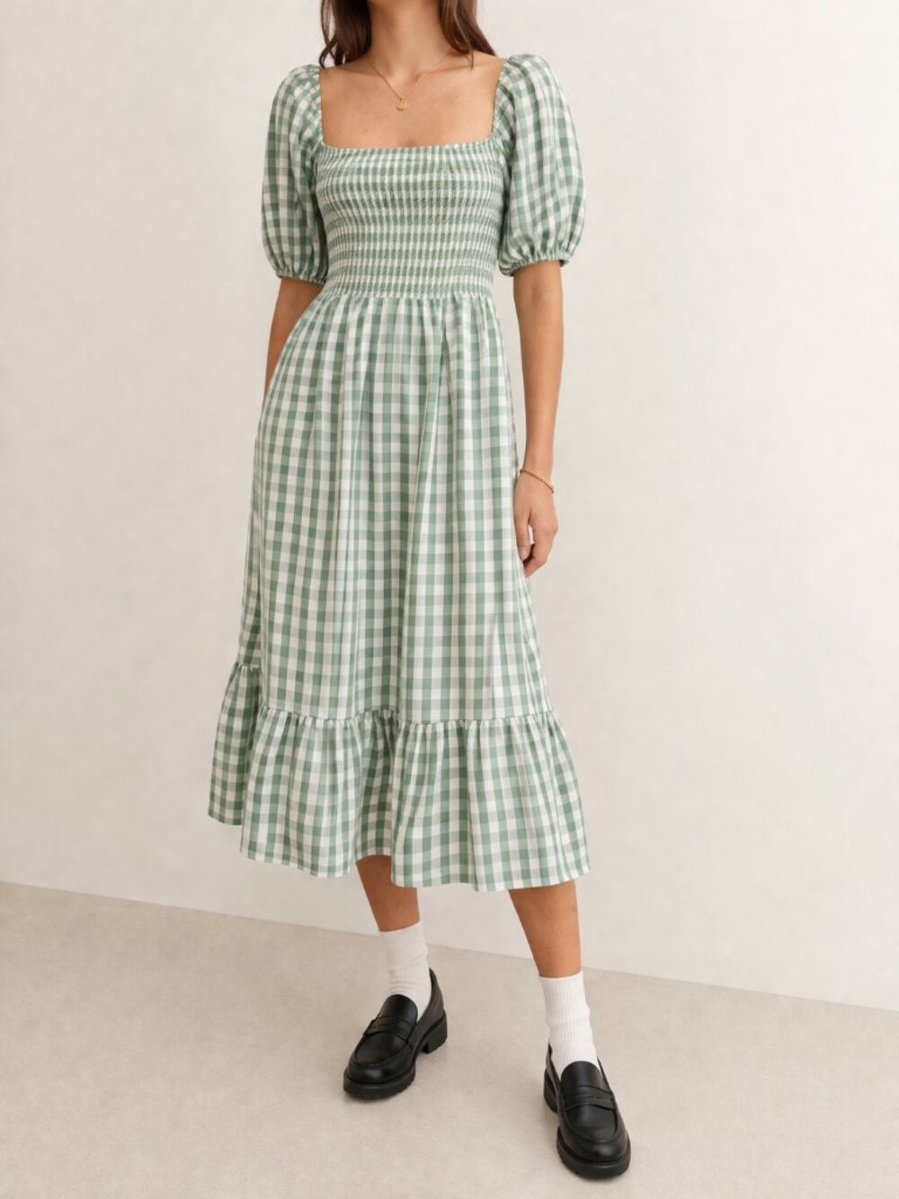 Reformation Rupert Midi Dress | Green Gingham Puff Sleeve Cottagecore Prairie XS